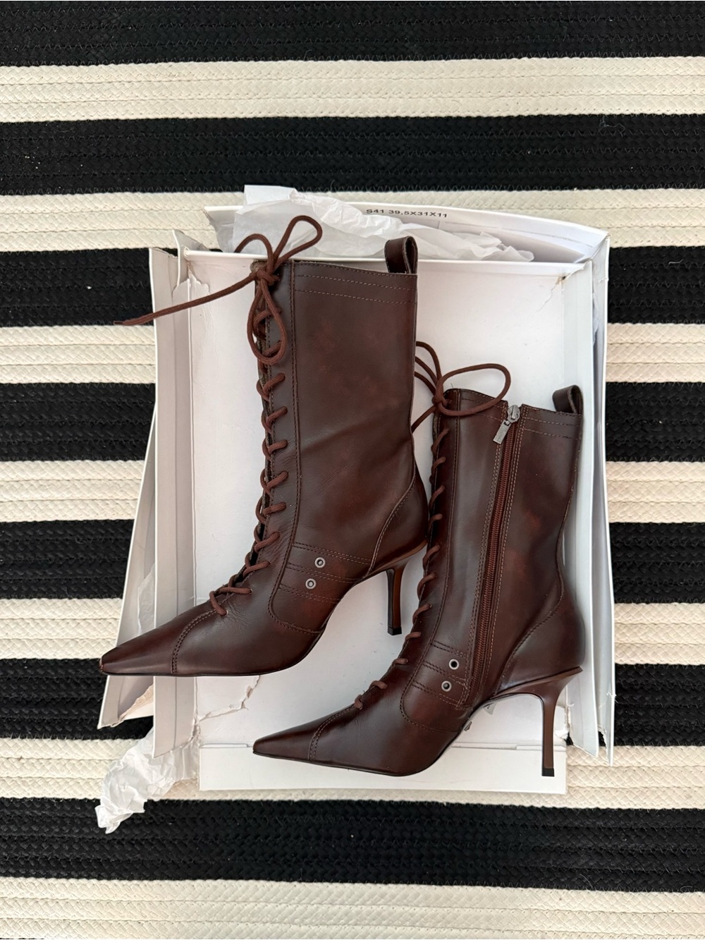 SCHUTZ Dark Brown Lace-Up Pointed Stiletto Boots